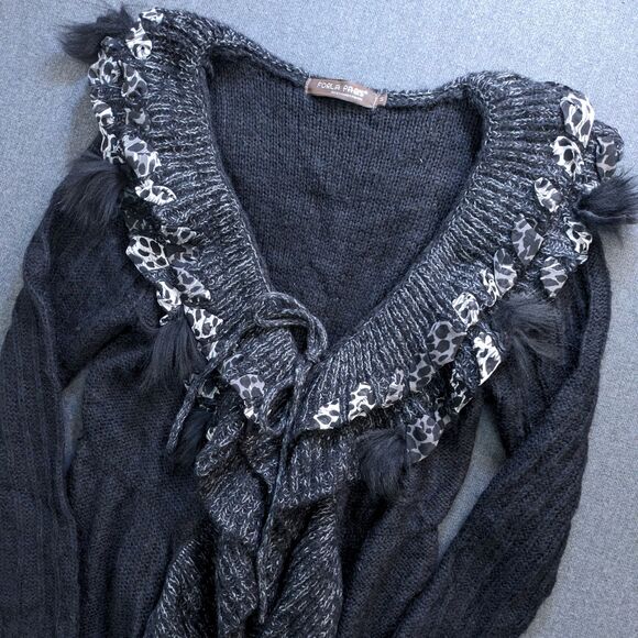 Forla Paris M Cardigan Black Wool Mohair Ruffle Rose Embellished Fairy Core Boho - Picture 4 of 14